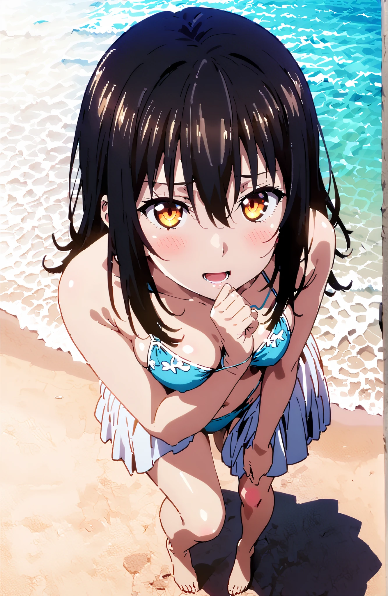 masterpiece, Highest quality, Raphael, Twin tails, Beach, Embarrassing, cowboy shot, green bikini, Looking at me,