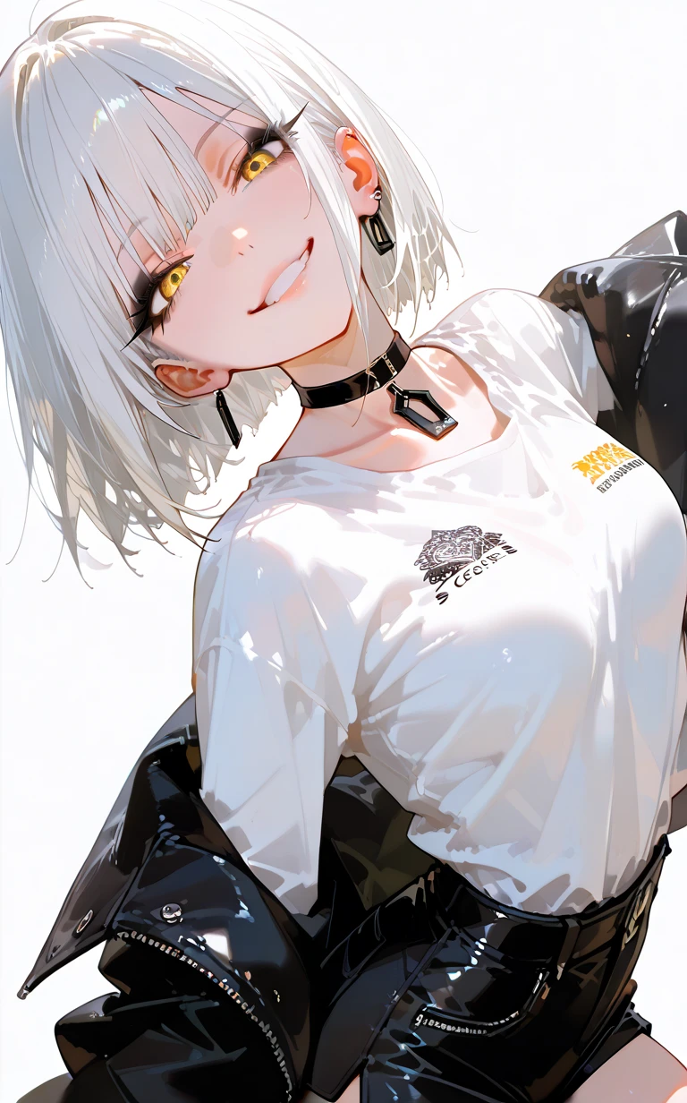 (Best quality, 8k, 32k, Masterpiece, UHD,:1.2),RAW, 1girl,ultra cute , natural lighting,transparent shining eyes, 20yo ,fair complexion, (vulgarity:0.8), (fucked silly:0.8),,(trembling:1.3)),((leather jacket, short pants,)),,White Background, medium breast