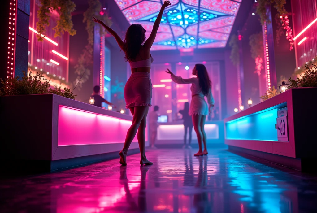 Black-haired and blonde women dancing inside a bubble with disco lights, women's shoes, makeup boxes, and money. Outside, a very sad man with his hands behind his back.
