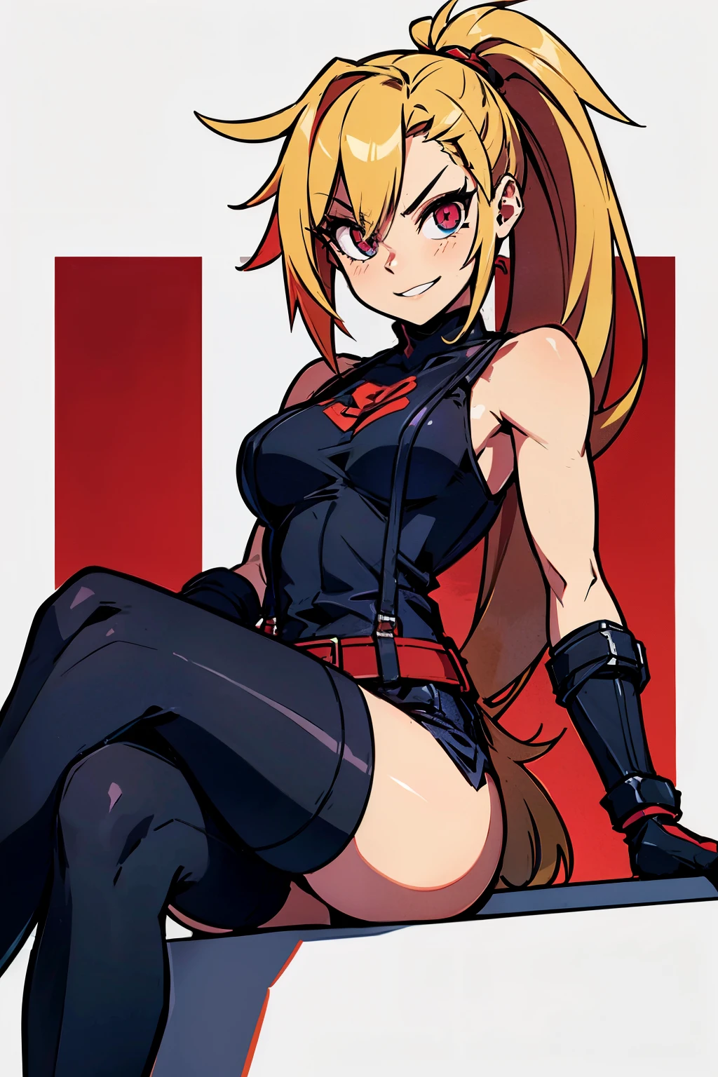 (masterpiece, best quality:1.2), red glowing eyes, red eyes, the eyes are red, perfect face, strong make up, highres, 1 girl, ultra long ponytail, (female:1.5), strife, blonde hair streaked with lots of red highlights, two colors hair (blond and red), hight flame mistress outfit, shoulder armor, sleeveless turtleneck, suspenders, belt, gloves, bracer pre potent smile, crossing legs, crossing arms , evil smile, evil pose, sitting, portrait, looking at viewer, Her hair is streaked with lots red and blonde highlights, moon tribal tattoo.