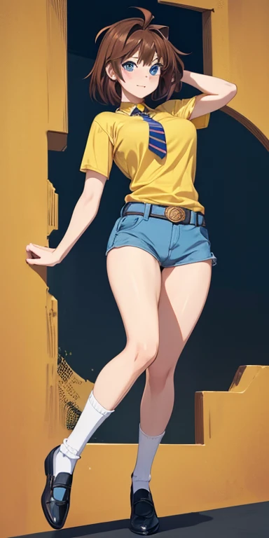 (masterpiece, 4k ,ultra detailed:1.2),(beautiful face:1.2),(anime:1.2),illustration,(solo:1.2),(looking at viewer:1.4),portrait,(supermodel:1.3),(blue school uniform:1.3),(red hair),17yo,(simple choker:1.1),(yellow panties),(string,abs,smartphone,child,small breasts,petite:1.1),(sfw,nipple,flat chest,un dress,:1.4),(from below),(full body:1.2),(flower hair ornament)