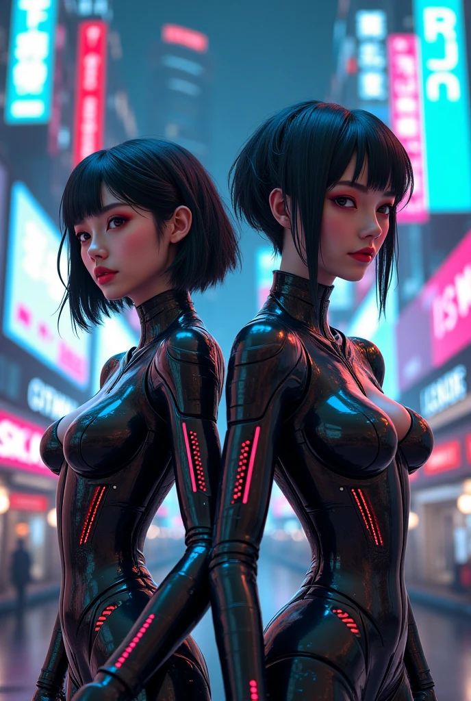 ((2 Cyberpunk girls together posing in front of a motorcycle)), (wearing colorful Harajuku clothing), cyberpunk city background, cute cyborg girl, beautiful white girl cyborg, wlop. scifi, oppai cyberpunk, perfect android girl, beautiful girl cyborg, perfect anime cyborg woman, smooth digital concept art, girl in mecha cyber armor, gynoid cyborg body, cyberpunk anime girl mech, cyborg girl, NSFW