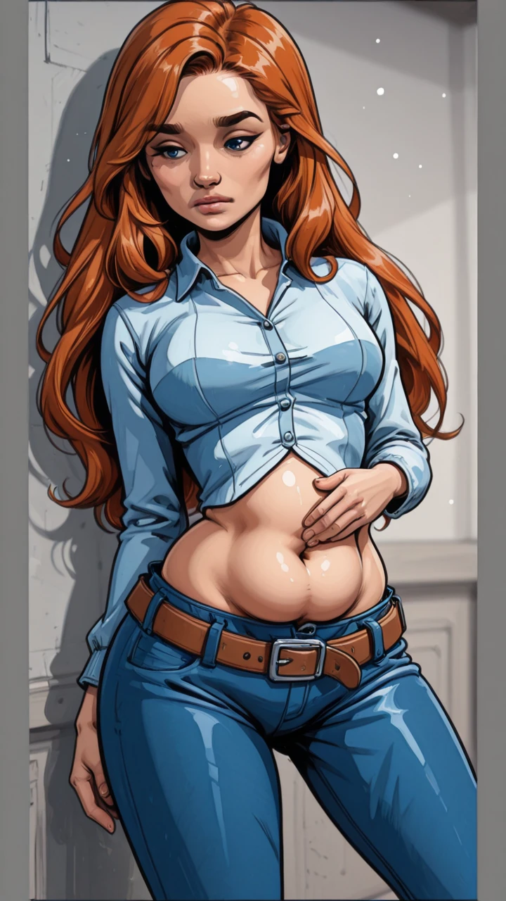 trans Male to female, plump pursed lips, freckles, long curly ginger hair with bangs, crystal blue eyes with smoky eye shadow and black eyeliner, black semi-matte lipstick, pale to sun-kissed skin, flirty smug smile, denim shorts frontal wedgie,