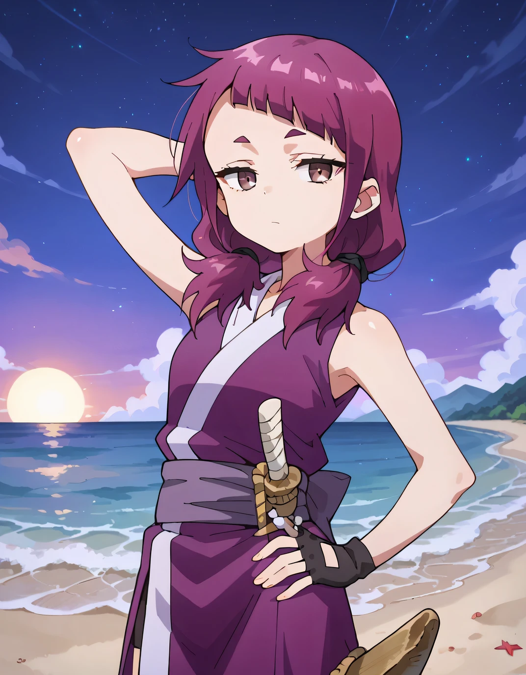 shakuyaku, sleeveless, japanese clothes, thighlighs, fingerless gloves, anime screenshot, shiny skin, high quality, solo, three-quarter cowboy shot, (contrapposto), hand behind head, hand on hip, closed mouth, night sky, beach, looking at viewer, expressionless, best quality,