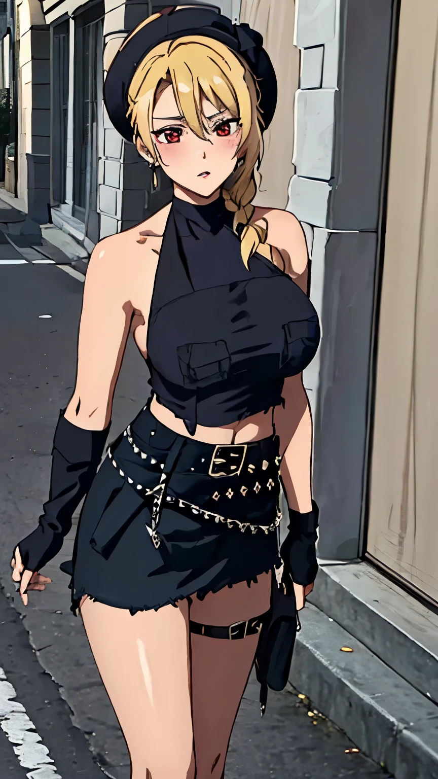 masterpiece, highest quality, anime, Angelica V4, 1 girl, alone, Braid, red eyes,(knit, halter neck, sleeveless, off shoulder, sideboob, arm, behind, shorts), stylish pose,looking at the viewer,in the center of the image, nffsw, (embarrassed expression, blushing), (dynamic sexy pose), (street rock fashion, (black clothes:1.3), ripped skirt, fingerless gloves, fedora, belt, natural lips, earrings, heavy makeup, street corner), (dutch angle), looking at the viewer,