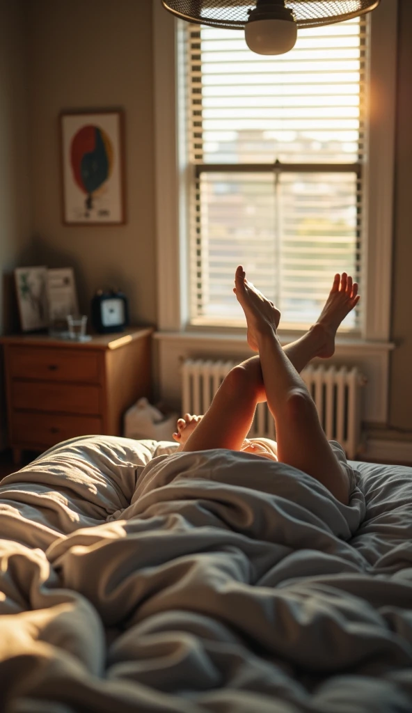 16 year old with wavy blonde hair in booty shorts laying face down on her bed