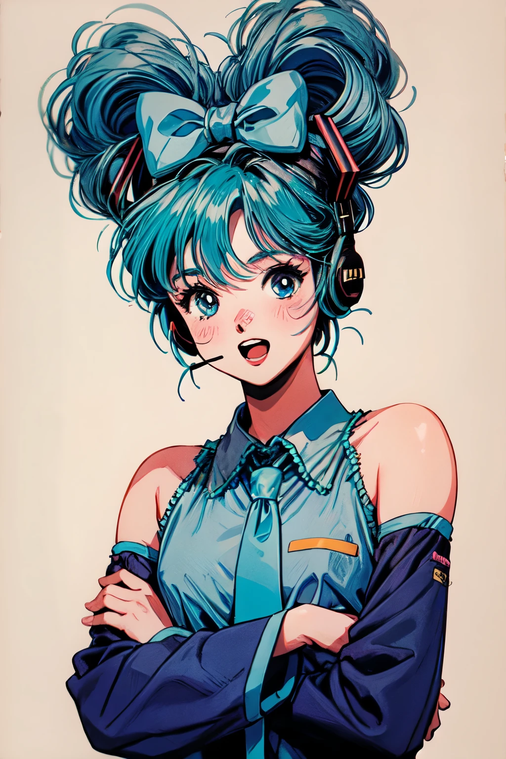 cinnamiku,high resolution, look, blushes, blue eyes, Blue Hair/light blue hair, ribbon hair accessories, open your mouth slightly, top quality, headphones,shortcuts