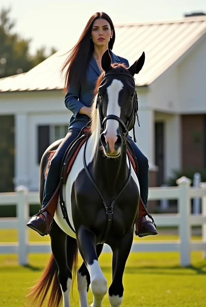 Spanish woman 25 years old long black hair, be careful not to look like artificial intelligence do it in realism at home detail of her body and face,riding her black and white mare,Take care that every detail of the mare is also realistic,luxurious and impeccable ranch in Florida,captured with cinematic realism,with two horses sealed inside the white fences on the part of the lawn,majestic white house of American colonial architecture, elegant stables,infinity pool,garden with green lawn and flower beds, realistic details such as brick texture,reflections in the water and soft shadows of the south in the morning, focus on the stables Captured with an 85mm lens, f/2.8, ISO 100, cinematic lighting. --ar 16:9 --style raw