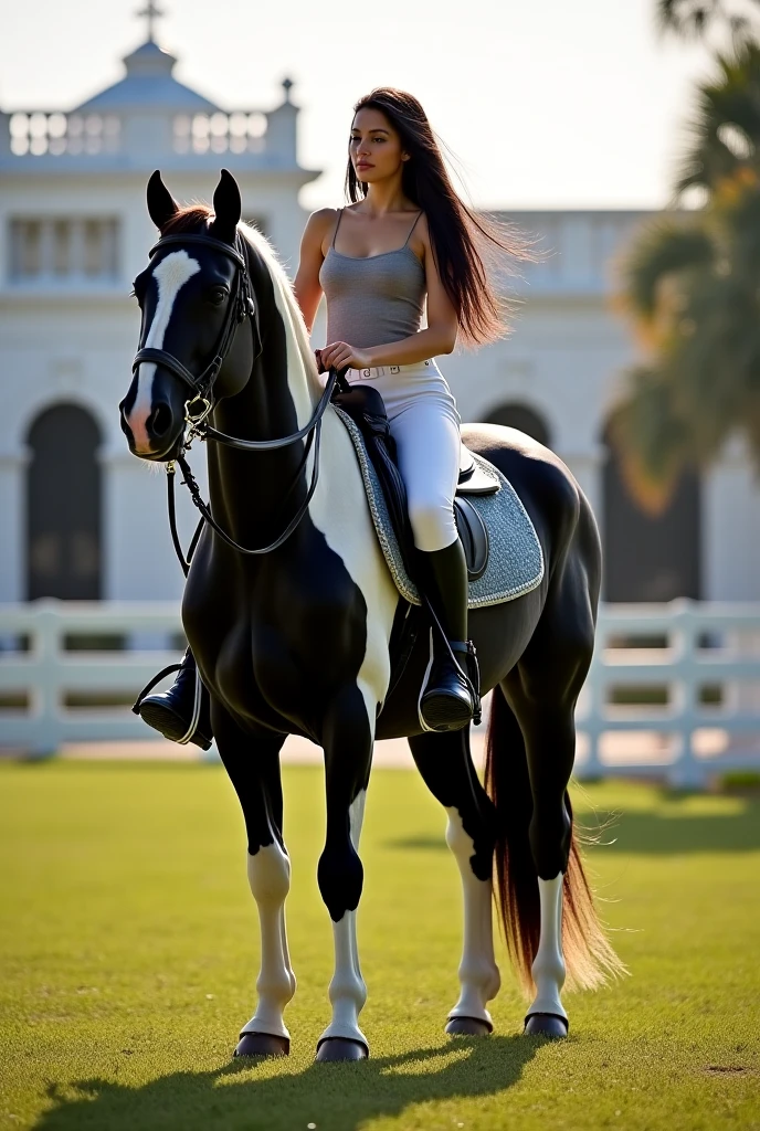Spanish woman 25 years old long black hair, be careful not to look like artificial intelligence do it in realism at home detail of her body and face,riding her black and white mare,Take care that every detail of the mare is also realistic,luxurious and impeccable ranch in Florida,captured with cinematic realism,with two horses sealed inside the white fences on the part of the lawn,majestic white house of American colonial architecture, elegant stables,infinity pool,garden with green lawn and flower beds, realistic details such as brick texture,reflections in the water and soft shadows of the south in the morning, focus on the stables Captured with an 85mm lens, f/2.8, ISO 100, cinematic lighting. --ar 16:9 --style raw