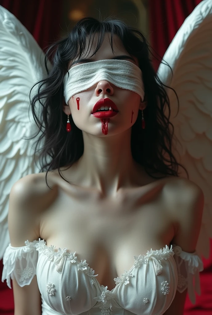 a suffering angel with blindfold, extremely detailed, Polish color scheme of white and red, photorealistic, intricate, baroque, dramatic lighting, melancholic, divine beauty, celestial, heavenly, ethereal, transcendent, mystical, divine intervention, ominous, harrowing, sorrowful, forlorn, exquisite, masterpiece, best quality, 8k, hyperrealistic, cinematic , gruselig, düster, gothic style