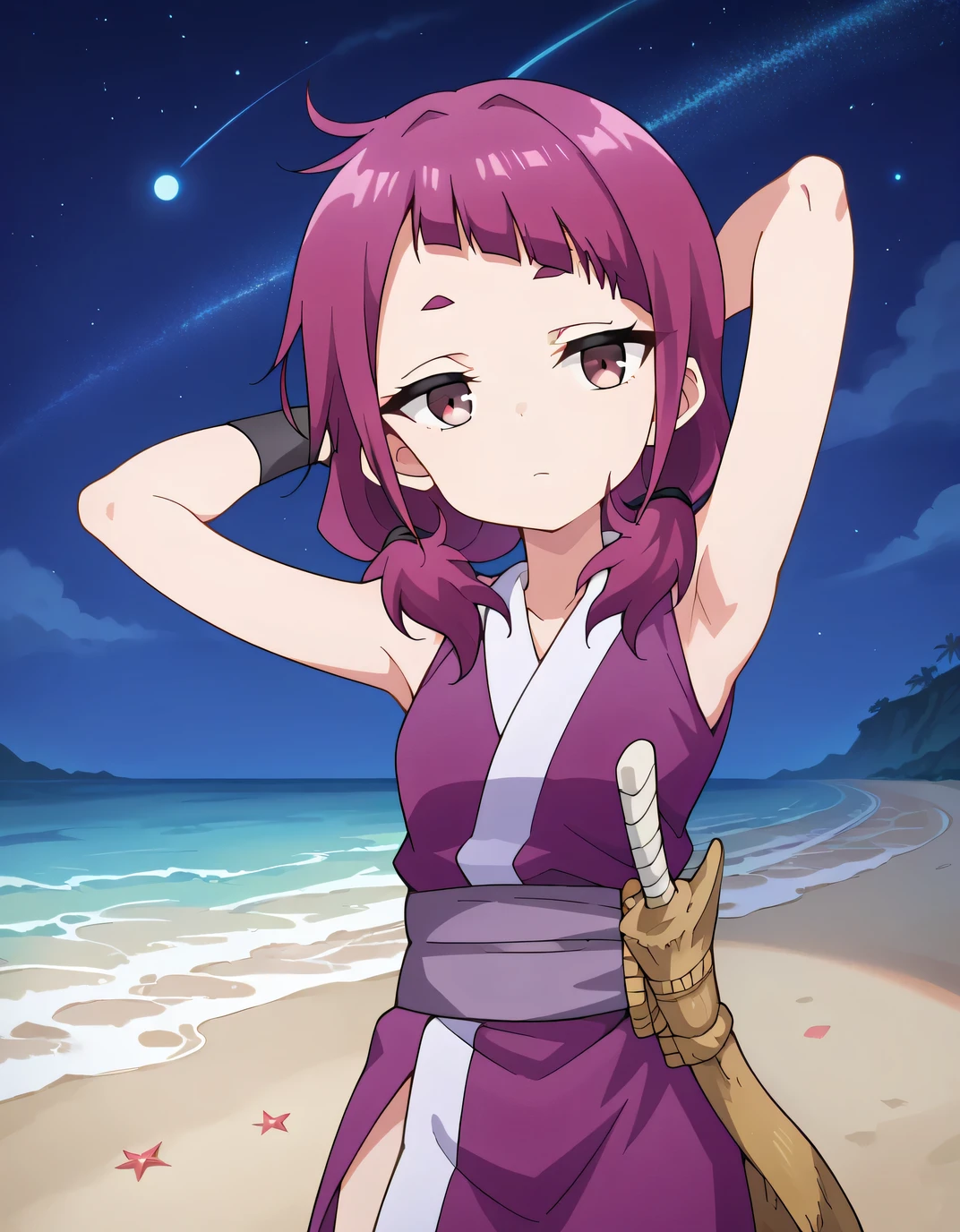 shakuyaku, sleeveless, japanese clothes, hightighs, fingerless gloves, anime screenshot, shiny skin, high quality, solo, three-quarter cowboy shot, (contrapposto), hands behind head, closed mouth, night sky, beach, looking at viewer, expressionless, best quality,