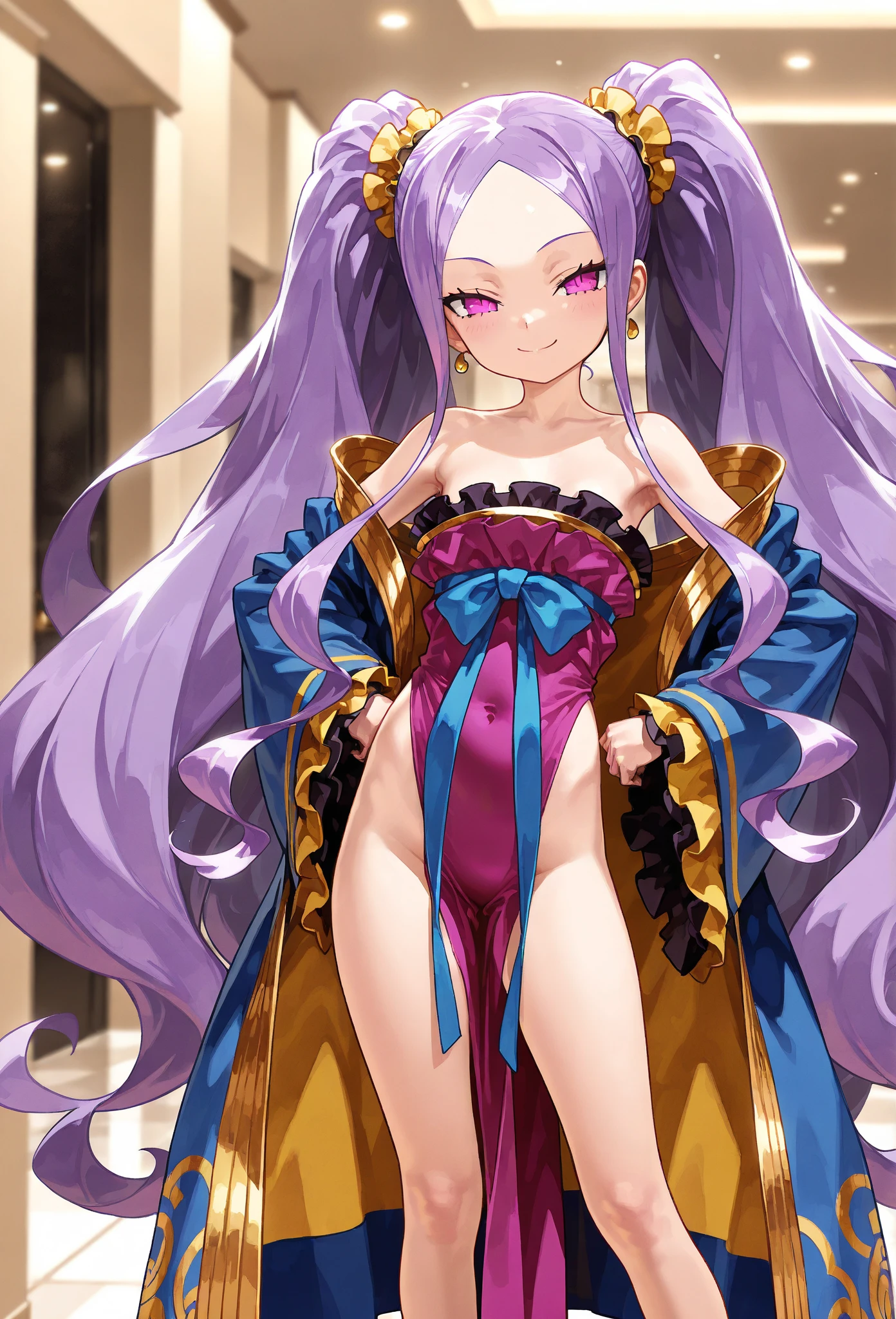 (A genie, very closely resembling Paris Hilton (age 25) dressed in flamboyant alluring clothing(lots of colorful silk, thin billowing silk)), is lounging around a modern modest apartment, flirting