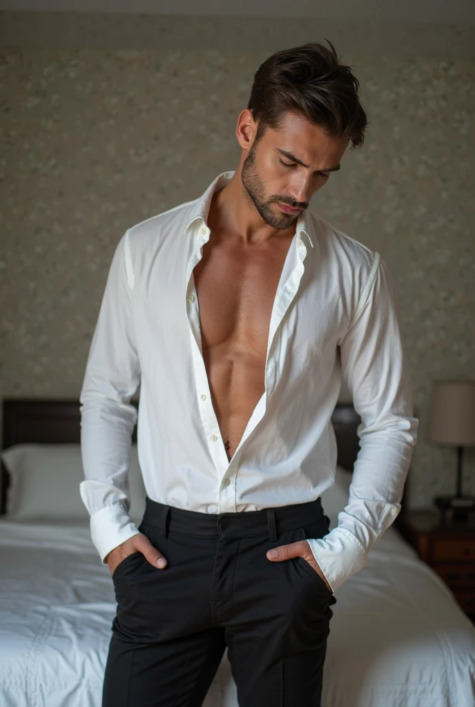 A man in white undervest and were underwear