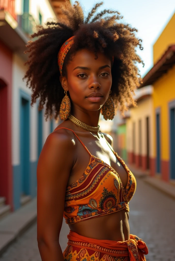 A brunette girl with curly hair and big breasts and buttocks, taking a realistic African photo dressed Malian with modesty with amateur photo several photos in Bamako of this kind.