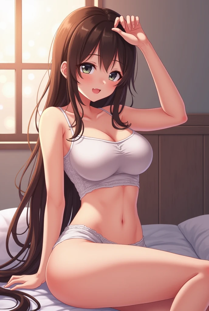super fine illustration, vibrant colors, masterpiece, sharp focus, best quality, depth of field, cinematic lighting, ultra detailed, sleeves, crop top, pajamas, button up, pajama pants, drawstring, midriff, belly button, wide hips, 1 woman, home, solo, milf, very messy hair, brown hair, long hair, slender, blush, room, indoors, annoyed, v-shaped eyebrows, Adultification, mature female, tall woman, lying on side