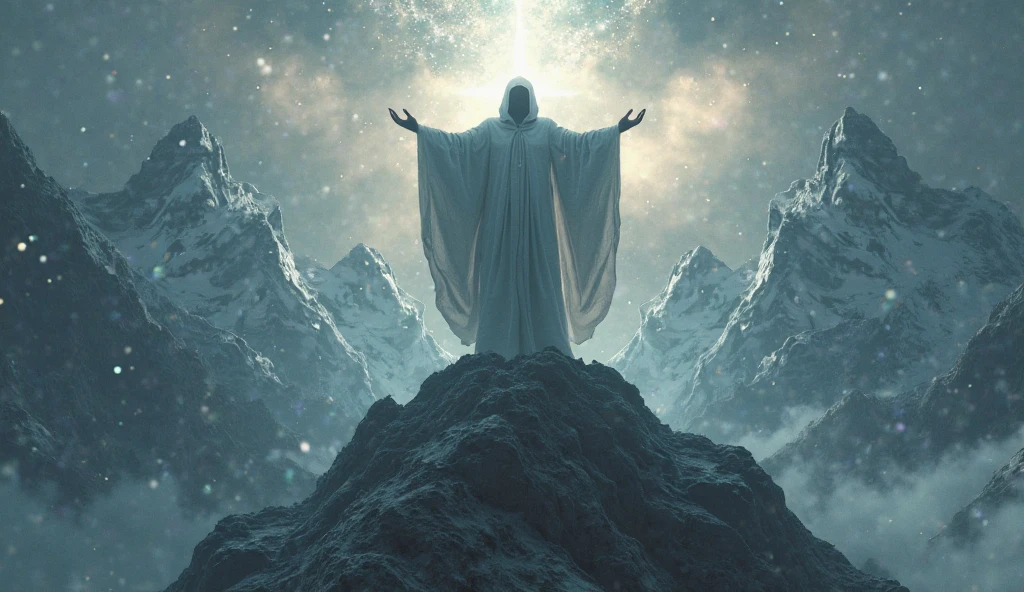 Prompt: A hooded figure standing atop a mountain peak, arms raised as a beam of light shoots from their chest into the heavens.