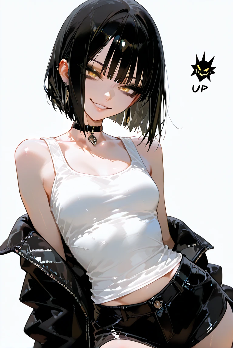 ​masterpiece, top-quality, Detailed details, beautiful lights, Beautiful Shadows, 1girl in, 23years old, toned hot body,Black eyes,Mischievous smile, Short black hair,bangle,a choker,piercings,hotpants,,ＴShirt, Navel Ejection,detailed skin textures, Tyndall effect