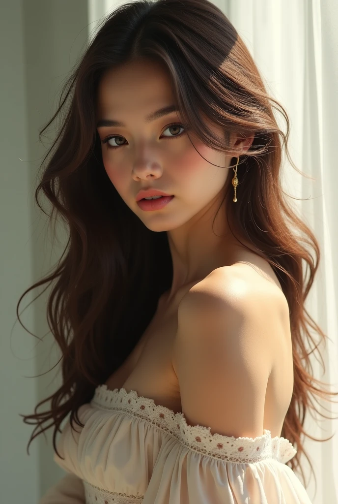 top-quality、​masterpiece、超A high resolution、(Photorealsitic:1.5)、Raw foto、1girl in、off shoulderurky、deep-shadows、Unobtrusive、cold light、sexy appearance、Brown Highlight Hair、shorth hair、waved hair、Slimed、A slender、