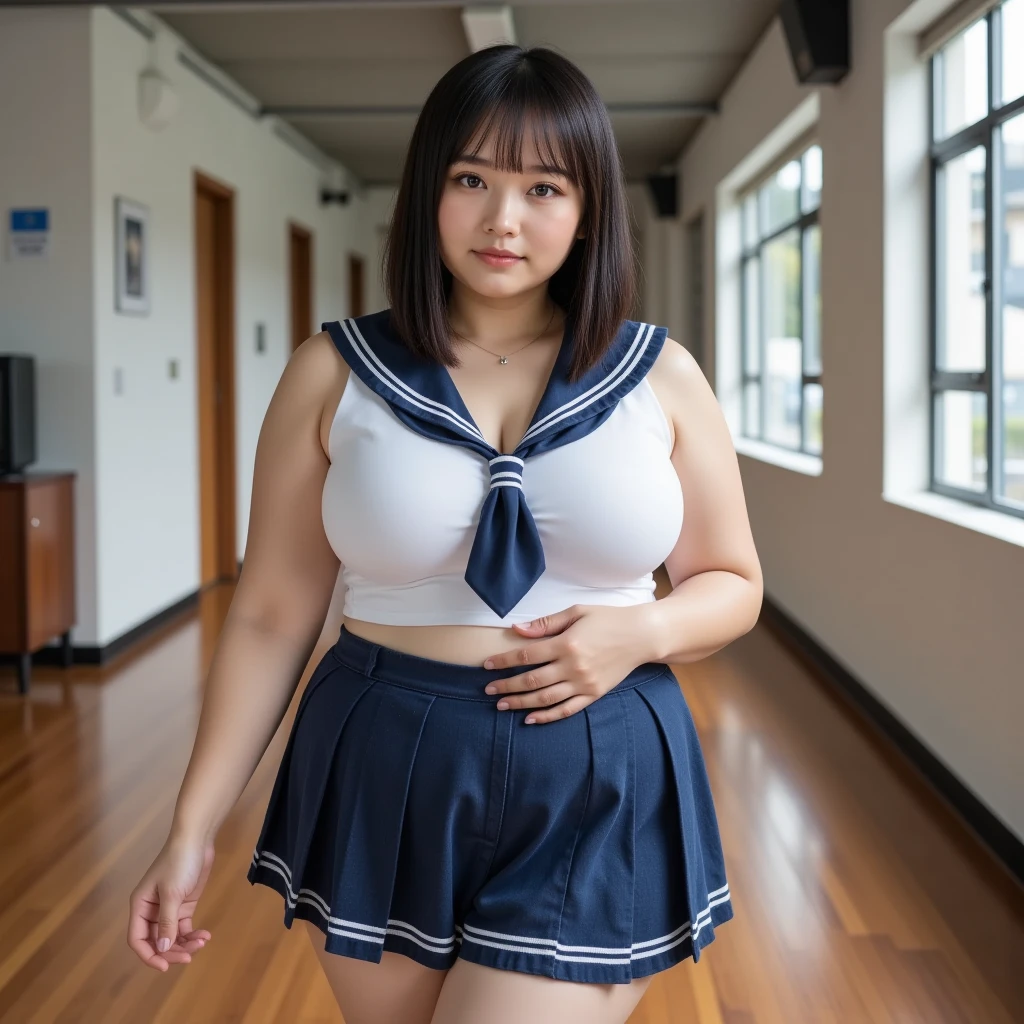 Highest quality,Very detailed,masterpiece,Realistic,Realistic,Bright lighting,1 girl, Very beautiful 17 year old girl, (cute:1.2),A radiant smile,Voluptuous body、Chubby、Overflowing belly fat、Thick thighs、Plump、Big Ass、Are fat、black eye,Black-haired,Beaver、,(bangs),Perfect glowing skin,Perfect Skin,((erotic,sexy)), Big and ample breasts,Big Tits Thick Waist, Look at the viewers,Sailor suit,High School Uniform:1.2、Short sleeve,tie,,socks、Futomo、(Loafer shoes), Daytime,Are fat、Overweight