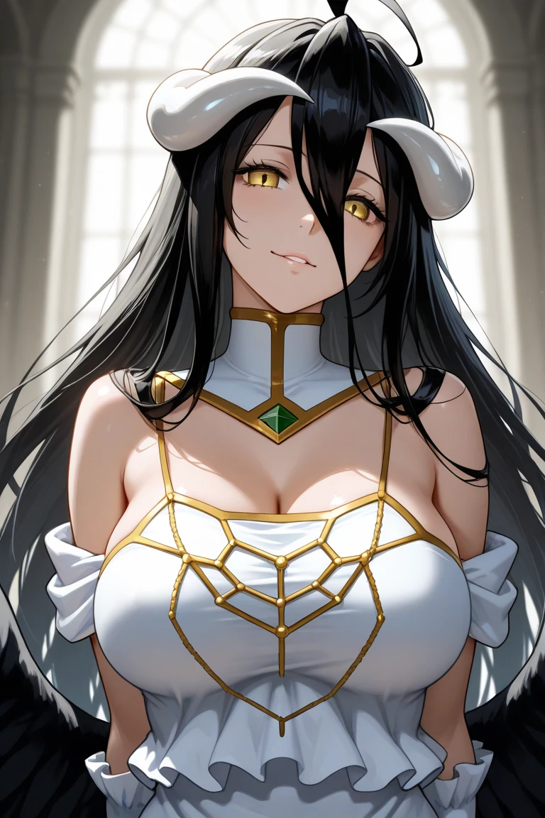 A gypsy with green eyes black hair, huge breasts, white blouse with gold medals and red skirt with ruffles, seashell necklaces.