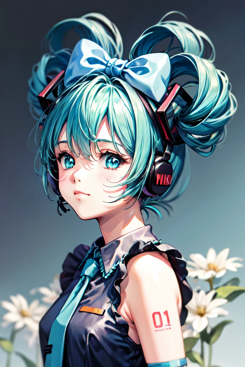 cinnamiku,high resolution, look, blushes, blue eyes, Blue Hair/light blue hair, ribbon hair accessories, headphones,shortcuts, floral background