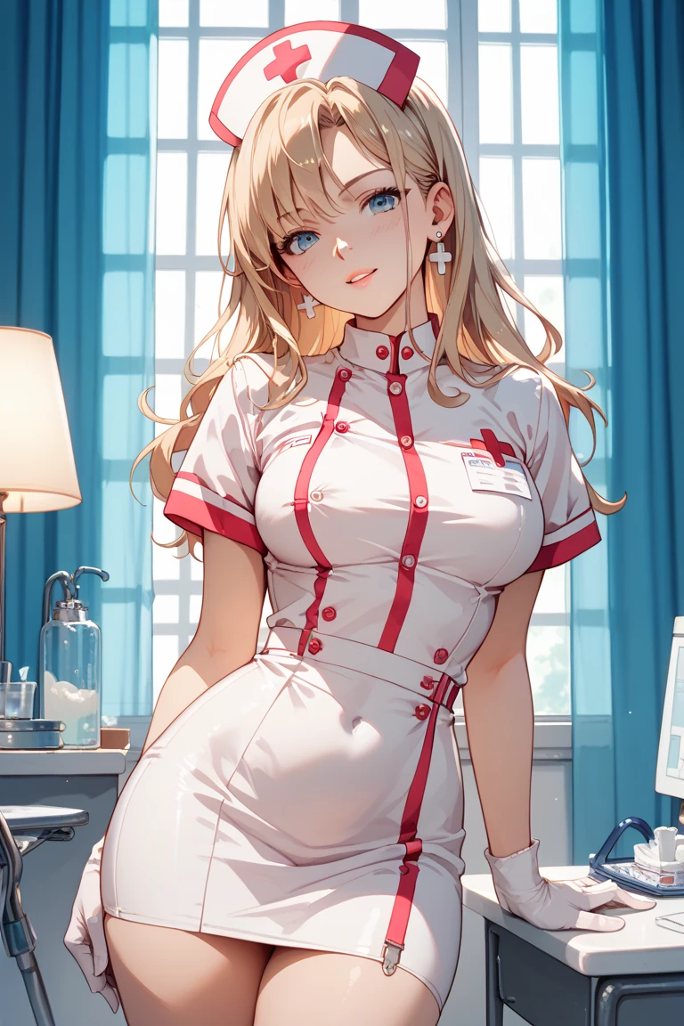 ((masterpiece)),(((best quality))), ((rough sketch)), ((vulgar)), thick thighs,1girl, blond hair, curvy, wearing a sexy white nurse uniform and nurse cap, shirt half lift,