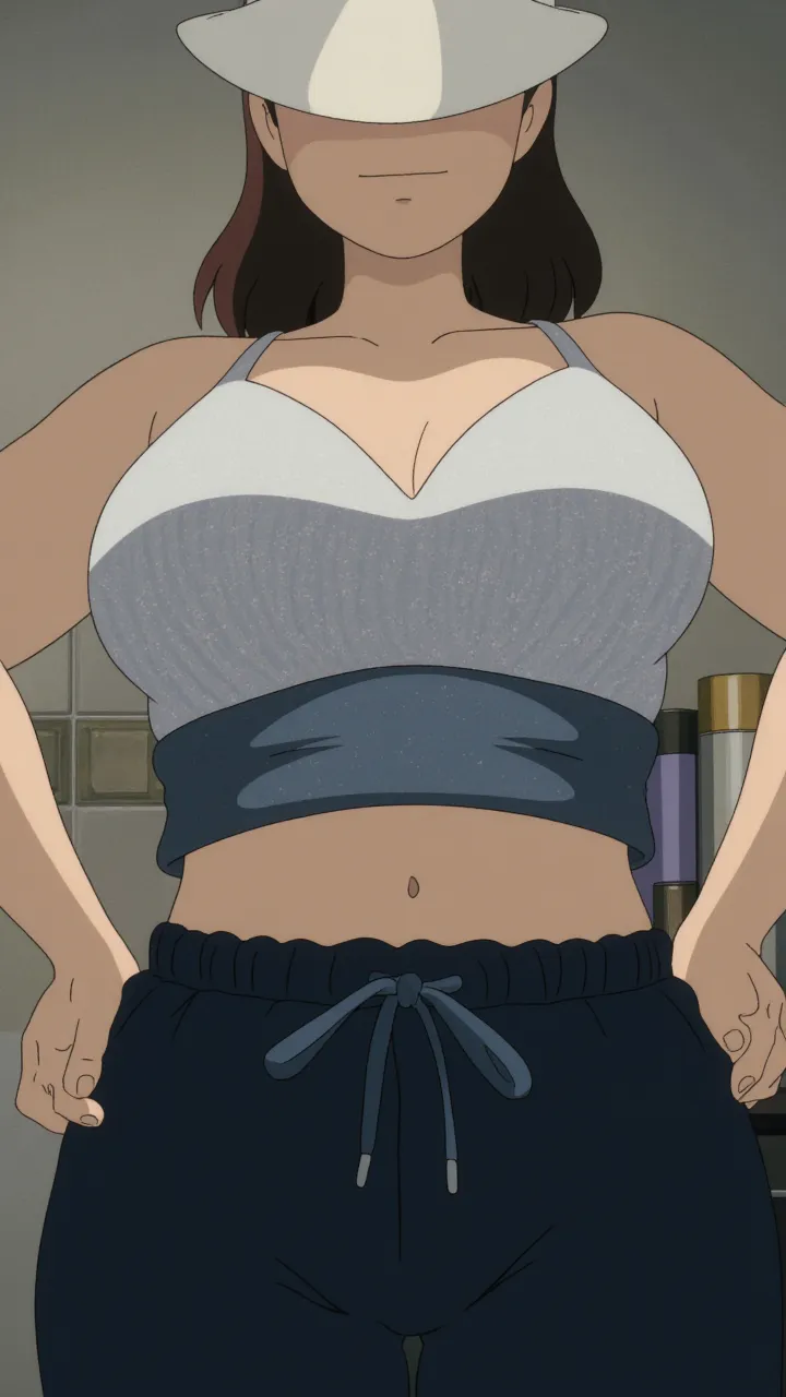 masterpiece, absurdres , (intricate details), (colorful),cinematic lighting,bust shot,extremely detailed CG unity 8k wallpaper ,hinata\(boruto\), 1girl, solo,mature female, arm up, looking at viewer, sports bra, locker room,cowboy shot, chubby belly, chubby, curvy. gained weight, fat, cleavage. overweight,