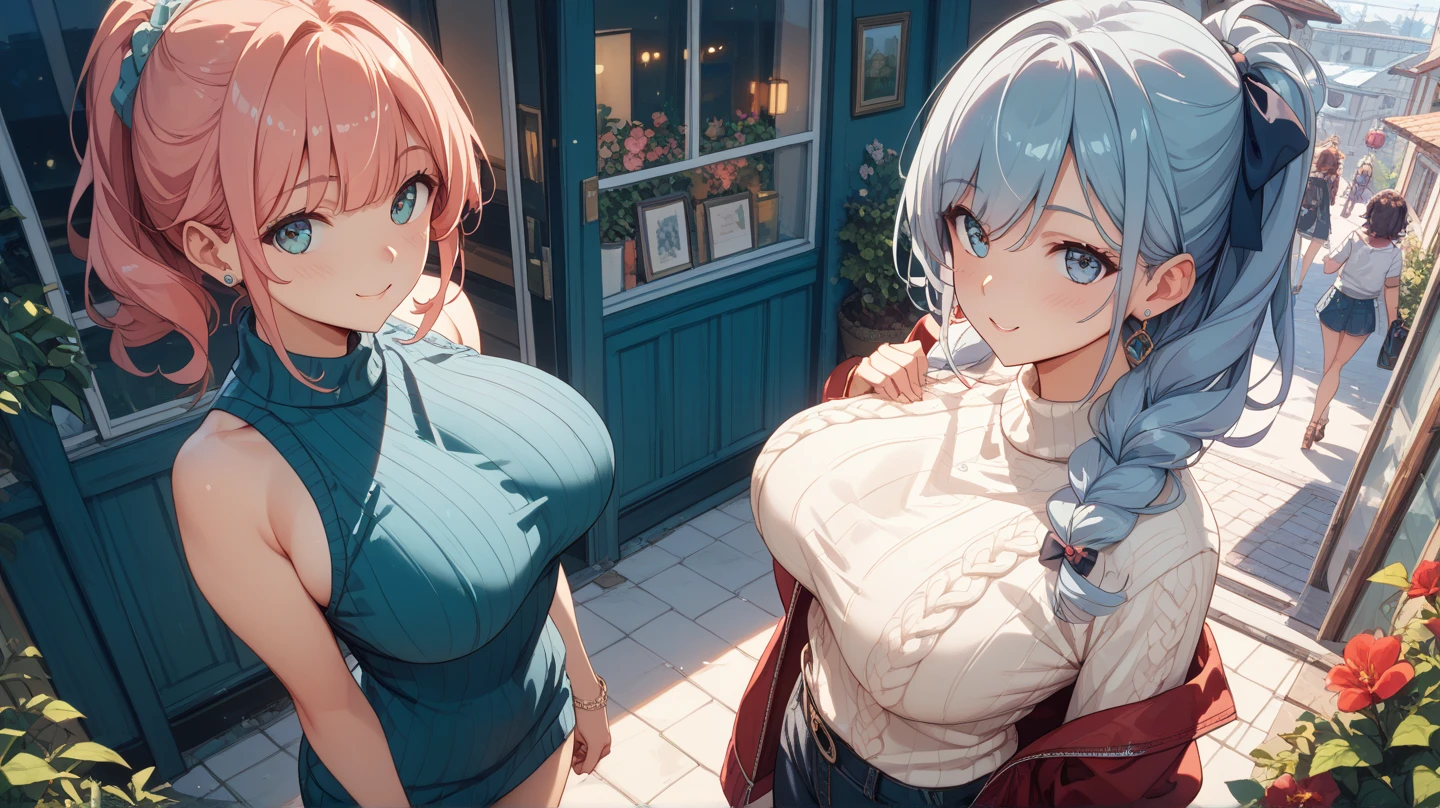 2heads, a short fat woman with 2 heads. She has extremely massive breasts. She looks young. She is wearing a hoodie and leggings. She has pink messy hair in a short ponytail. She is outside in a city during a sunny day. She has gigantic breasts. She is extremely short. She looks chubby. Deep cleavage.