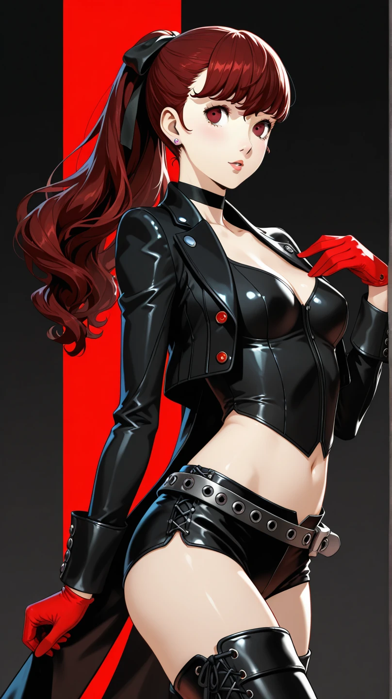 One girl, Blonde, alone, Long Hair, Red eyes, gloves, multicoloRedhead, View your viewers, black gloves, Redhead, Red background, Striped Hair, Red lips, Upper Body, bangs,Red Theme,Bad boy, Large Breasts,Glowing Skin,(Mature Woman),Realistic、Perfect body、1 female