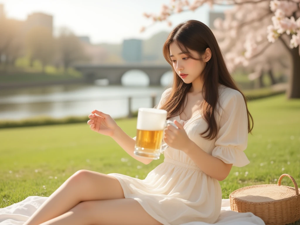 (real stick、Raw photo)、(muste piece), (best quality), (Super detailed),(messy hair),(Highest image quality), (1girl),(very long and thin cup:1.3、beer in a cup),(cute blouse、ruffle skirt:1.3)、 official art, beautiful and aesthetic:1.2), (1 Japan small face、girl:1.3), Extremely detailed,(very small breasts:1.2)(slender body:1.2)、16 km race,Full HD、(sunset)、anatomically correct、