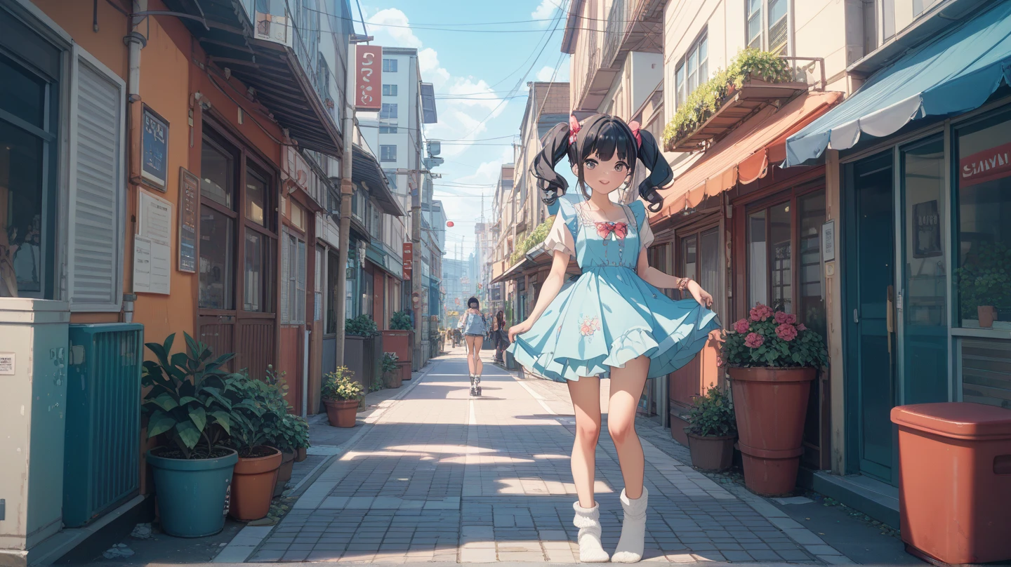 frontal image, concept art of the character, white background, full body, realistic drawing, standing, 1 lovely doll girl, slightly smiling girl, similar to a Blythe doll, very short dark brown hair, wearing blue bandeau bikini bra and barefoot, dark eyes, a small cute nose, and a slender figure, standing front side straight figure pose, cheerful eyes, full body, looking at the camera, straight pose, chibi, , extremely beautiful, sketches of the character around her, beautiful shape and aesthetics of the face and body
