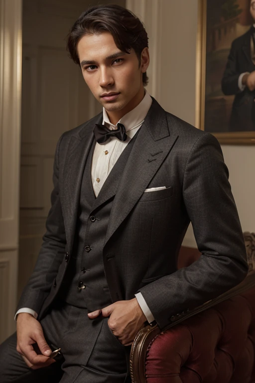 tmasterpiece, beste-Qualit, 1boy, aristocrat, professional portraite of a, upper-body, navy blue coat, professional hairstyle , black hair, smirk, Sits, brown pupils, white professional background, laptop and high quality mic with all equipmen doing podcast