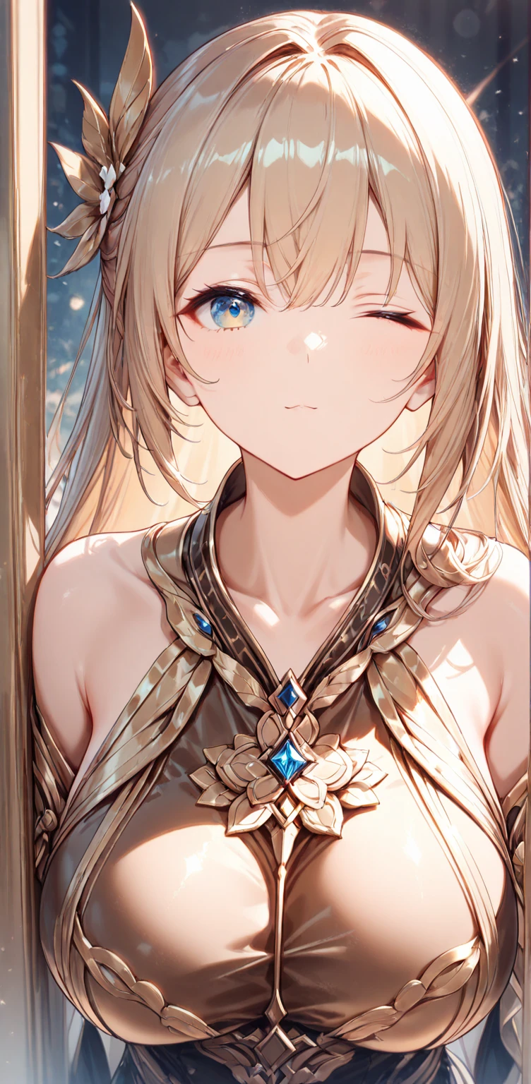girl,light golden hair,long straight hair,(brown eyes),((BREAK//)),((Jewel-like accessory in the middle of the forehead)),(close up of face:1.3),((diamond pattern background:1.5)),((dancer costume:1.2)),