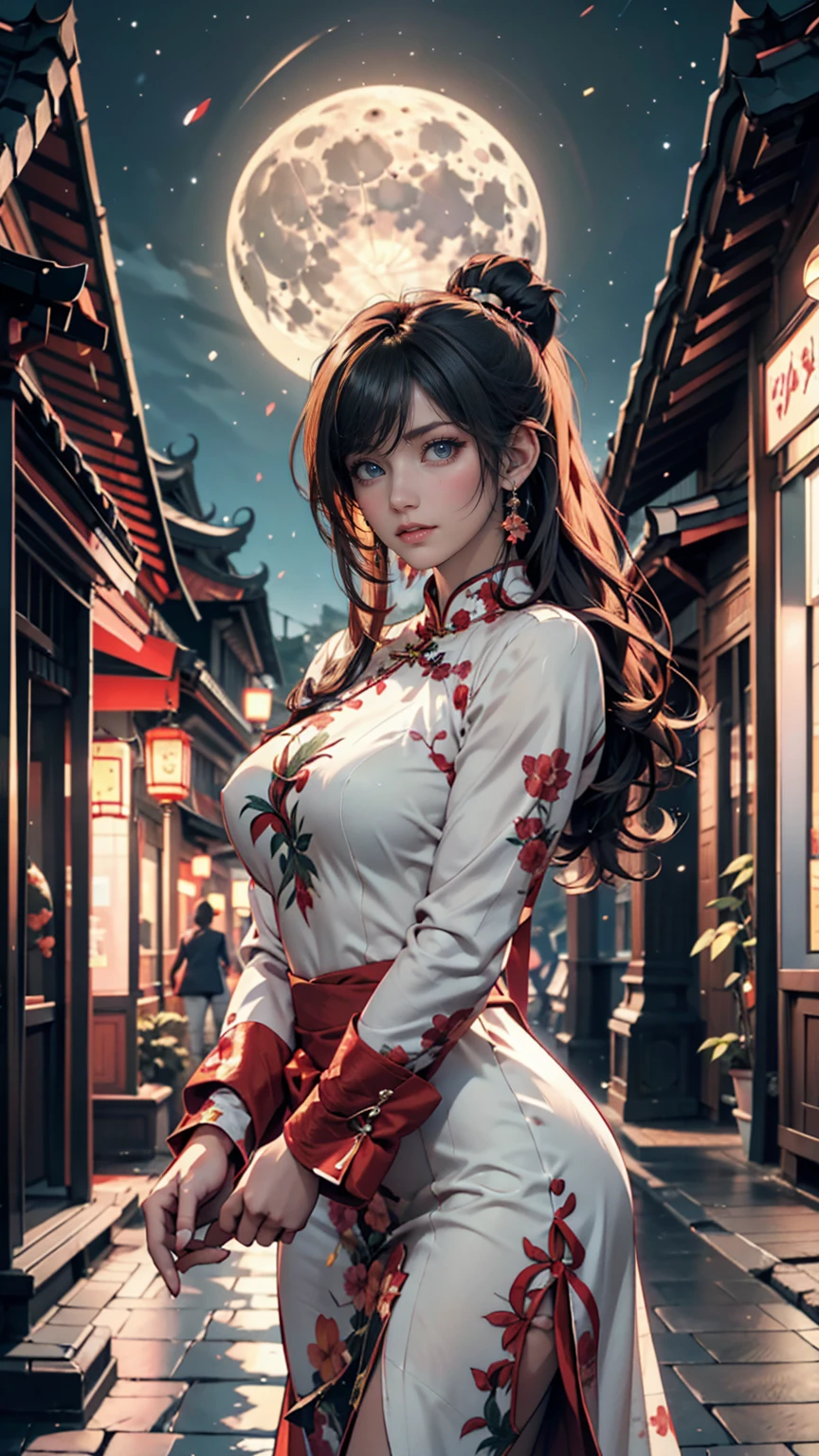 1girl,solo,long hair,Rough skin,from back,face focus,(looking at viewer:1.2),wet hair,dark,polaroid,(depth_of_field:1.5),rainy days,outdoors,street,hair between eyes,moody lighting,Tyndall effect,Cinematic Lighting,night,lamppost,lens flare,available light,rim light,glowing neon lights,curvy,Red silk dress,korea girl,
