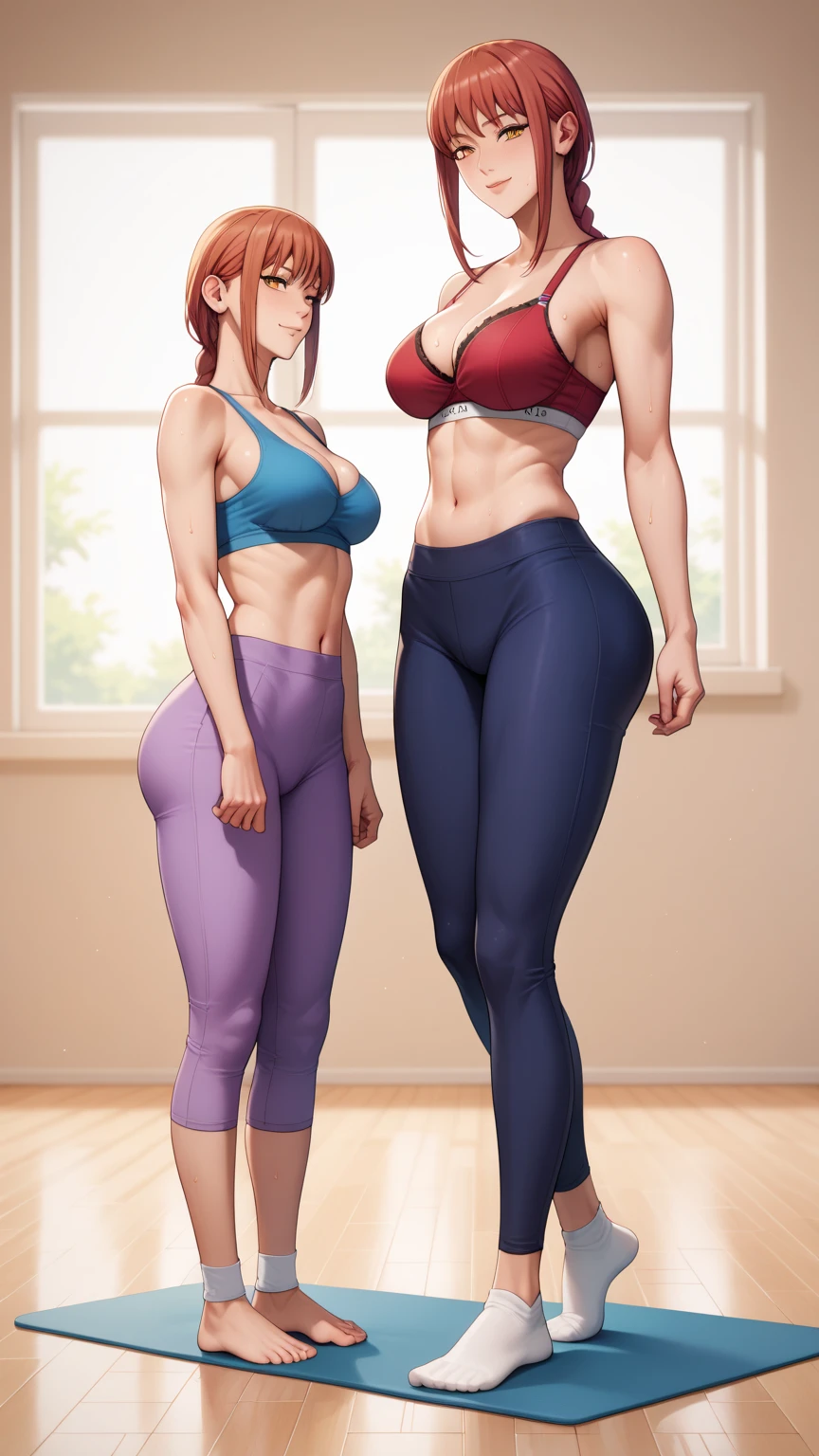 wide-hips, big breasts thin waist, a blond, (hair slicked back), , Sportsbra, leggins, hairarmpits, full of sweat, The sheen, The pubic area is clearly visible、 are clearly visible、8K、realisitic、vivid --auto