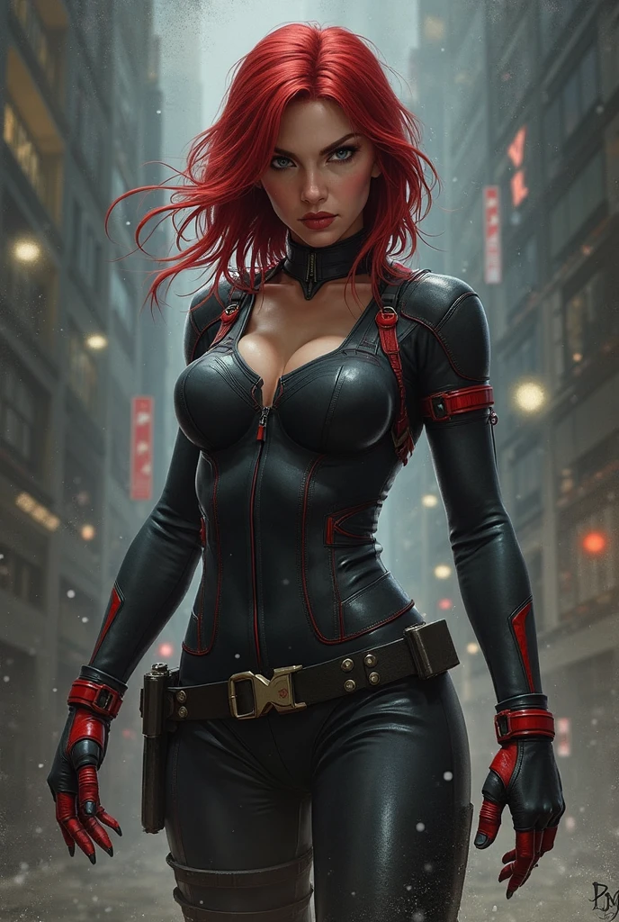 Masterpiece, PhotoRealistic, beautiful detailed eyes, slim athletic body, round breasts, cleavage showing(nipples poking out), sweaty glistening shiny skin; Scarlett Johansson as Black Widow is often depicted in a sleek, tight black leather suit, which is designed to be both functional for combat and visually striking. Sluty makeup, glistening red lips, Her character typically exudes confidence and strength, often seen smiling or with a determined expression. In this iconic look, the costume is form-fitting with tactical details, including a low-cut neckline, utility belt, and various accessories like wrist gauntlets and holsters. Her red hair short classic bob hairstyle, complementing her overall fierce and capable persona, she has a flirtatious smile. Tanks and armored vehicles