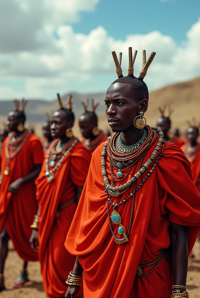 um belo casal da realiza e guerreiros um homem negro e uma mulher negra com um fundo de cacheira ,em uma roupa marrom e amarelo , imagem de um guerreiro masculino adulto forte usando dois machado, da tribo africana Ioruba , Maasai, africano, brown skin man egyptian prince