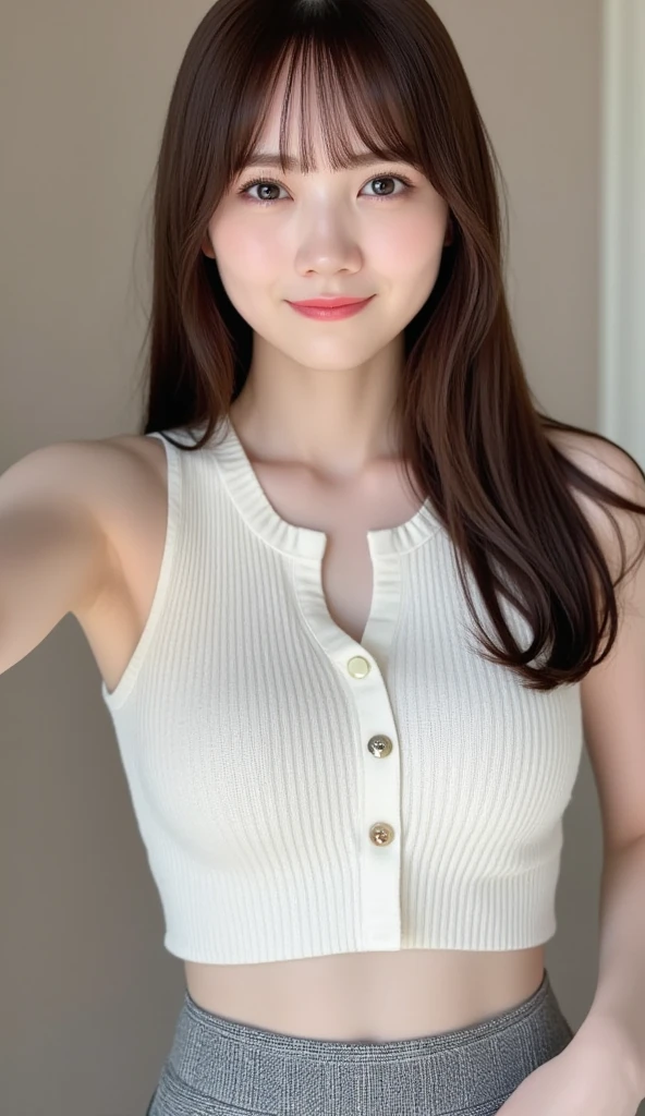 A red-haired girl smiles and takes my hand and leads me.. angle looking up from below, Wearing an underboob crop white t-shirt. Your face is red when you smile.