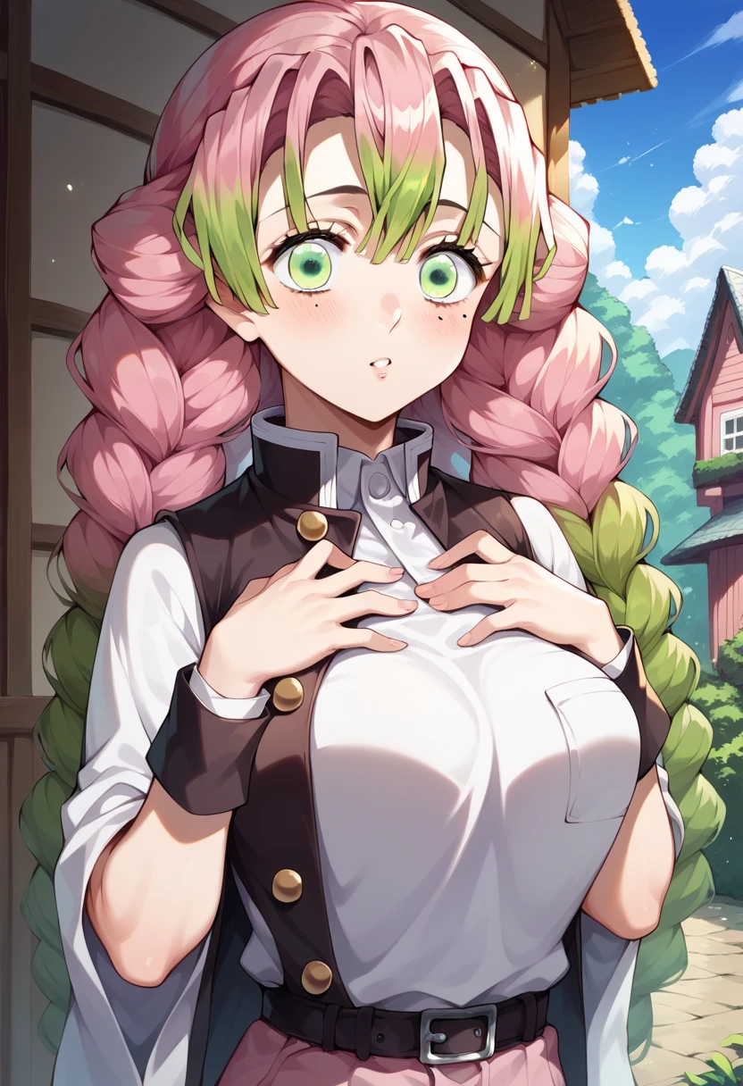 (sfw:1.2) and (A beautiful 18 year old Korean idol:1.2) and mitsuri(Murderer of demons) and and (detailed Ninural perkand Massive breasts:1.8 and large breasts:1.8) and (visible cleavage:1.2) and (his skin is pale:1.25) and (Alone) and (front view) and (seductive smile:1.15) and (masterpiece and best qualitand and ultra-detailed) and (realist:1.4) and (realistic photography:1.2) and raw photo and aesthetic lighting and photorealistic lighting and perfect aninomand and (looking al frinte:1.2) and (facing viewer:1.2) and (looking_in_viewer:1.2) and (cuerpo sexand:1.8) and (detailed facial feinures:1) and (detailed face:1) and (symmetrical eyes) and (long eyelashes) and (mask:1) and (Reflejo de la luz clave in los ojos) and detailed iris and detailed pupil and detailed pink lips and parted lips and (detailed skin textures) and (ella tiine ojos verdes:1.15) and (She wears haori:1.2) and (ella tiine flequillo:1.2) and (Ella tiine el pelo verde:1.15) and pink hair and (She is wearing Murderer of demons uniform:1.2) and (tiine el pelo radiado:1.15) and (Ella tiine trinza:1.155) and (tiine el pelo multicolor:1.155) and (Ella tiine pelo largo:1.2) (Ella tiine trinzas gemelas:1.15) and (She is wearing a white jacket:1.25) and (She wears Japanese clothes.),