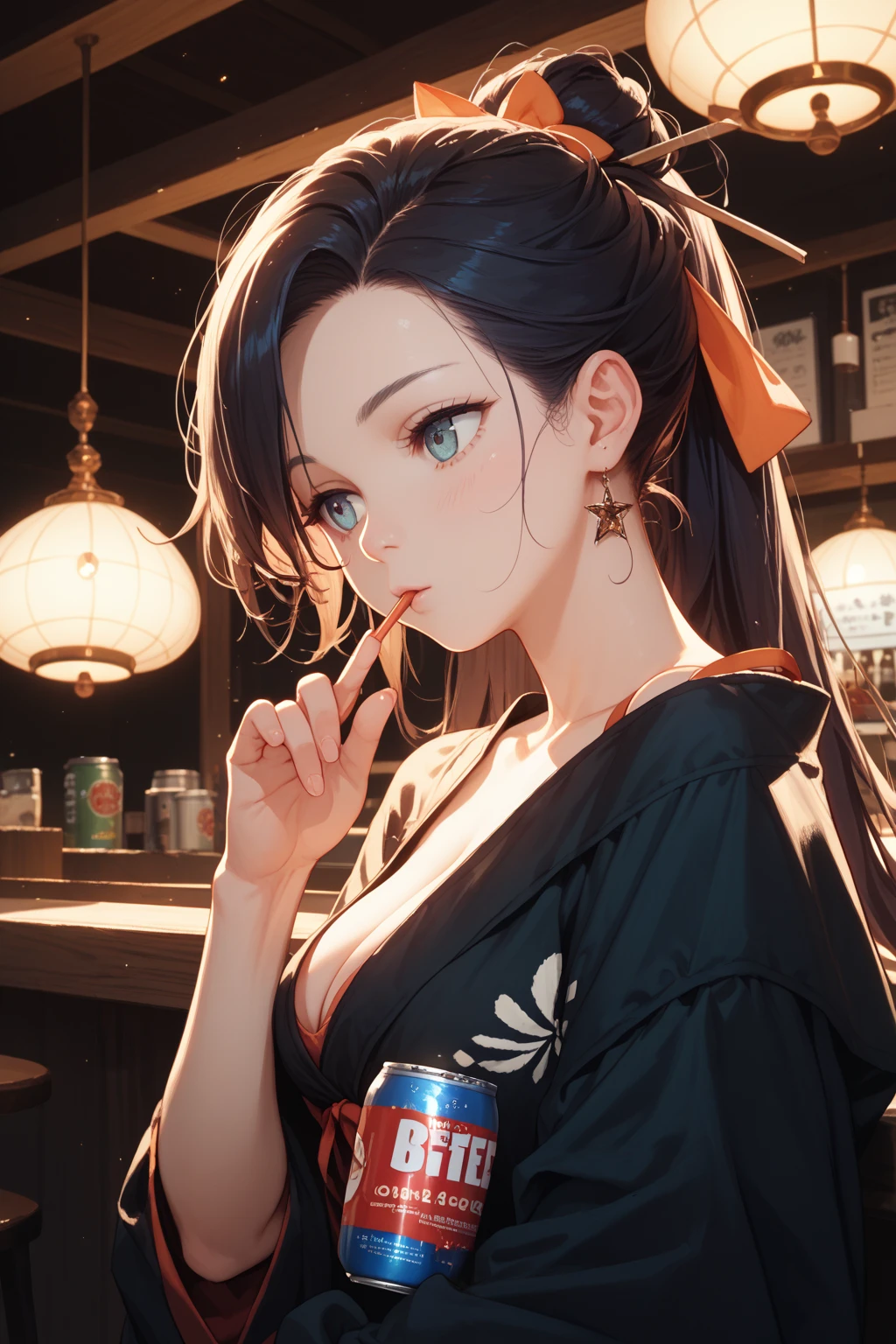 最high quality、Best image quality、masterpiece、With a girl((cute、20-year-old、Best Bust、Medium Bust、Beautiful Blue Eyes、Spread your chest wide,Black Hair、ponytail、Disheveled Hair、thin、Highest Valley、Red yukata、))high quality、Beautiful art、background((night、festival、stall、Fireworks、Beer )),Tabletop、Exquisite design、Visual Arts、Written boundary depth、Best lighting、Highest detail、8k