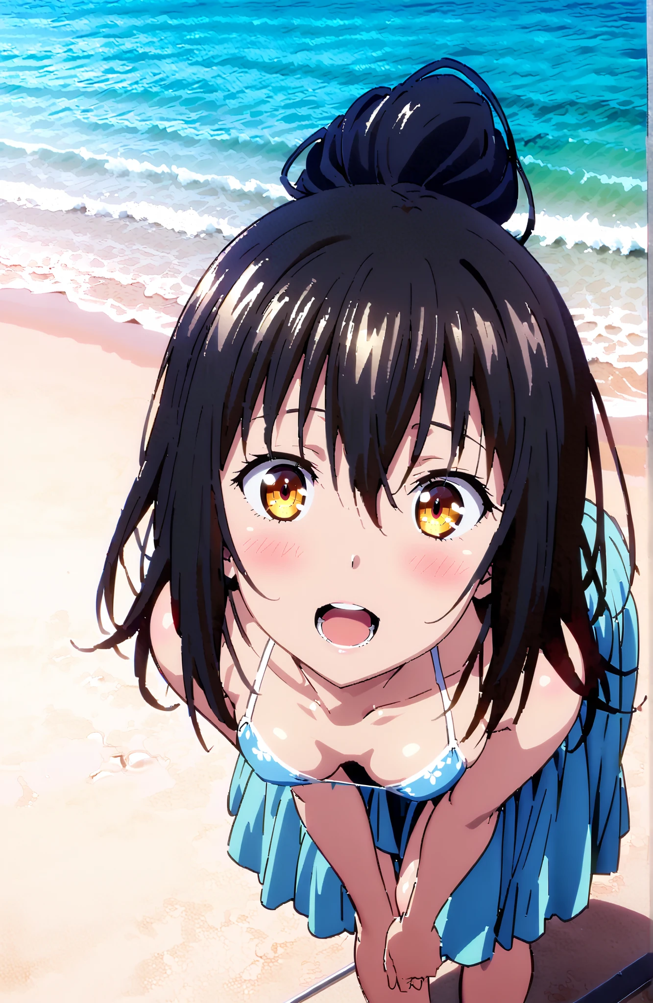  Yukina Himeragi, medium hair,solo, black hair, brown eyes in the oral vagina,Medium breast,Blue string bikini swimsuit,after aw,Glowing Skin,Flower pattern salon,I'm tying up my long skirt,Bare legs,STANDING,,smile,blush,open your mouth,break outdoors,strand,sea,
break looking at viewer,full body,
break (masterpiece:1.2), best quality in bronze, high resolution, Unity 8Kの壁紙, ( illustration :0.8), (beautiful detailed eyes:1.6), Highly detailed faces, perfect lighting, highly detailed CG, (perfect hand, perfect anatomy),