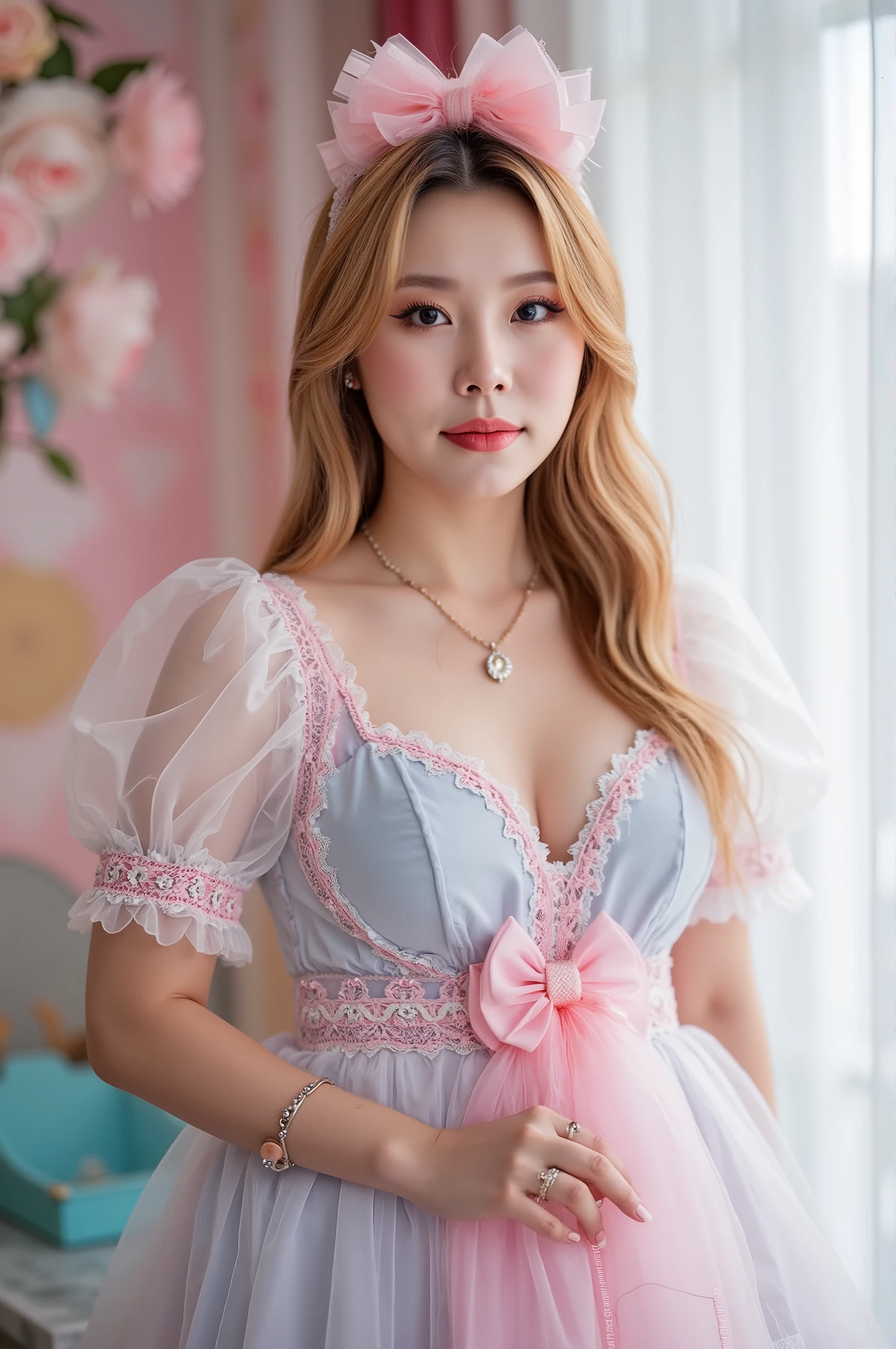 A very delicate and cute girl with pink hair and a dress. 8K Ultra HD, Delicate texture, Pure white background.20Old woman、Pregnant women
