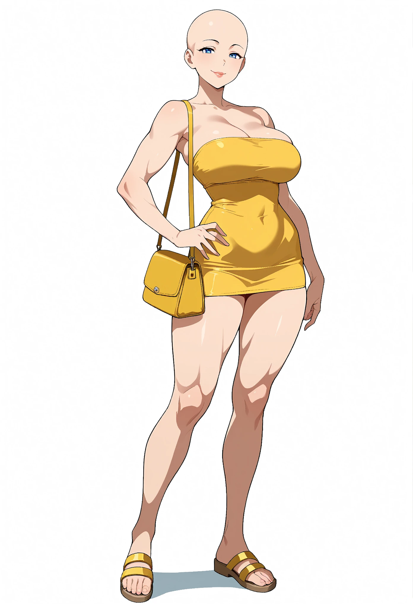 masterpiece, highest quality, High resolution, One girl, solo, sexual intercourse, Pornographic images, short hair, etsukoto, brown Eyes, fine grain, fine grain, (((Thick thighs, Plump thighs, Voluptuous thighs, Thighs alone are enough))), Huge and ample breasts, Cleavage, big long breasts, Naughty big,((big breasts are important))、((Naughty thighs)), L Cup, (thin:1.4),(Tight waist:1.4),  (yellow micro dress:1.4), ((white waist apron)), anguish, open mouth, blush, white panties,  (((Simple Background))), ((Wide Hips)), Shiny, Oily skin, Mature mother, Calf, Seductive mature woman, milf, Perfect body, Plus Size Model, curvy, ample, etsukoto, blush, clavicle, retro artstyle, 1990s (style), (thick thighs:1.4), Bare legs, ((arms behind back)), (from side:0.7), full body,