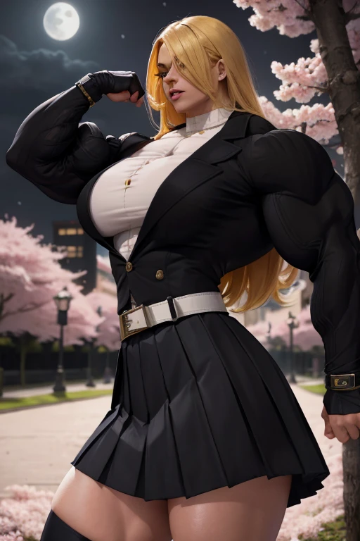 ((((Massive tall, beautiful, buff, light brown skinned muscular woman with yellow hair, black lipstick, ginormous bulky muscles, leaning on a wall crossed arms and wearing a yellow long sleeve pleated shirt with beautiful long pleated skirt)))), (close view), (massive muscles), long flowing hair, ((chained belt)), gray eyes, choker, ((yellow long sleeve pleated shirt and tie)), neck tie, ((beautiful long pleated skirt)), belt, thigh high socks, black boots, (at a nightly Campus), closed smile, night, massive muscles