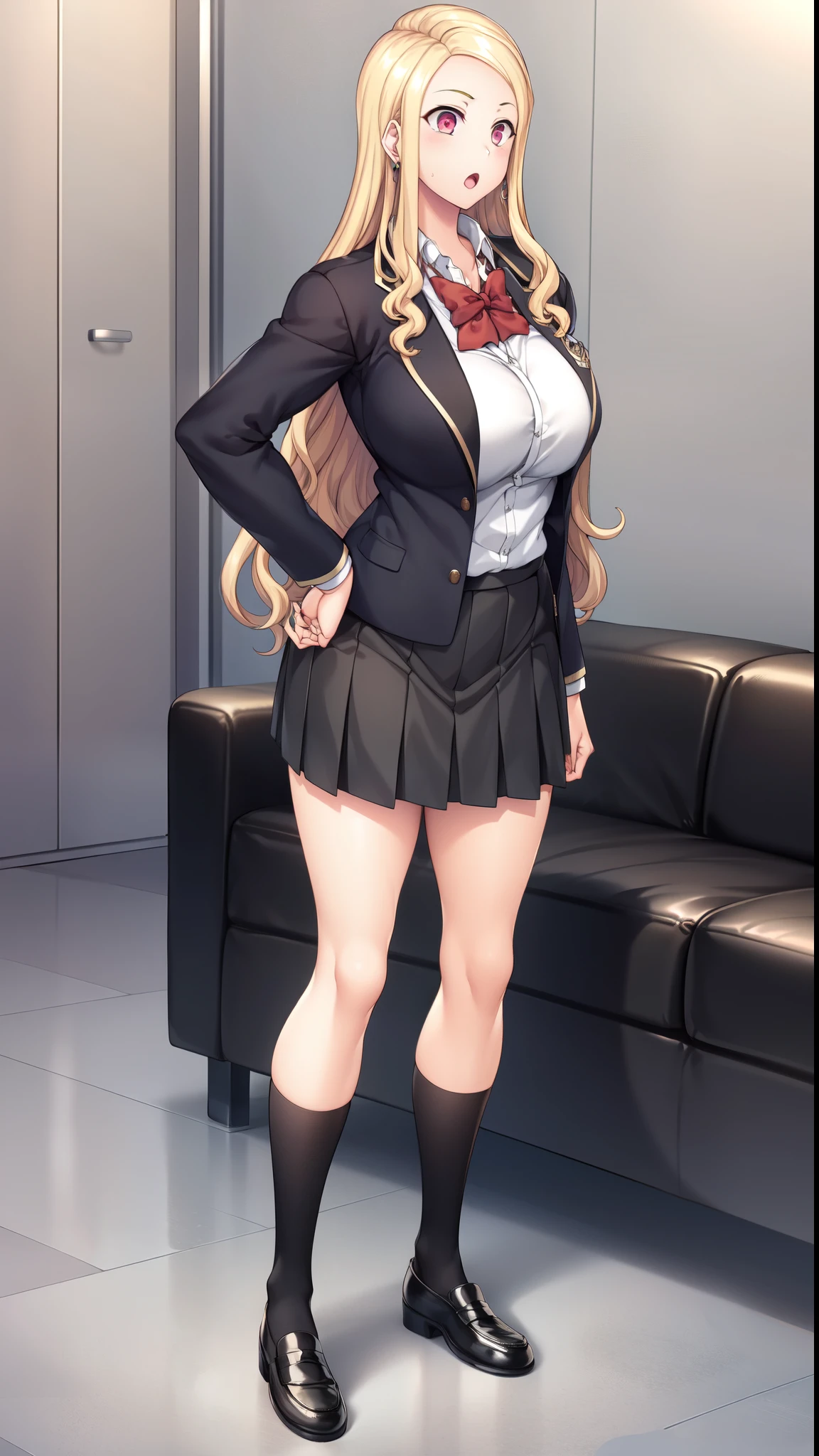(((Stand with your feet apart、Big Breasts、Exposing the breasts)))、((Shiny underwear)))、Uniform Blazer、Beautiful beauty、Long golden hair、((whole body))、(((Photo taken from below)))、School、classroom、Large Breasts、Big Breastini skirt、Panties are black lace、Japanese、tall、Long limbs、18-year-old、Matsumoto Rangiku