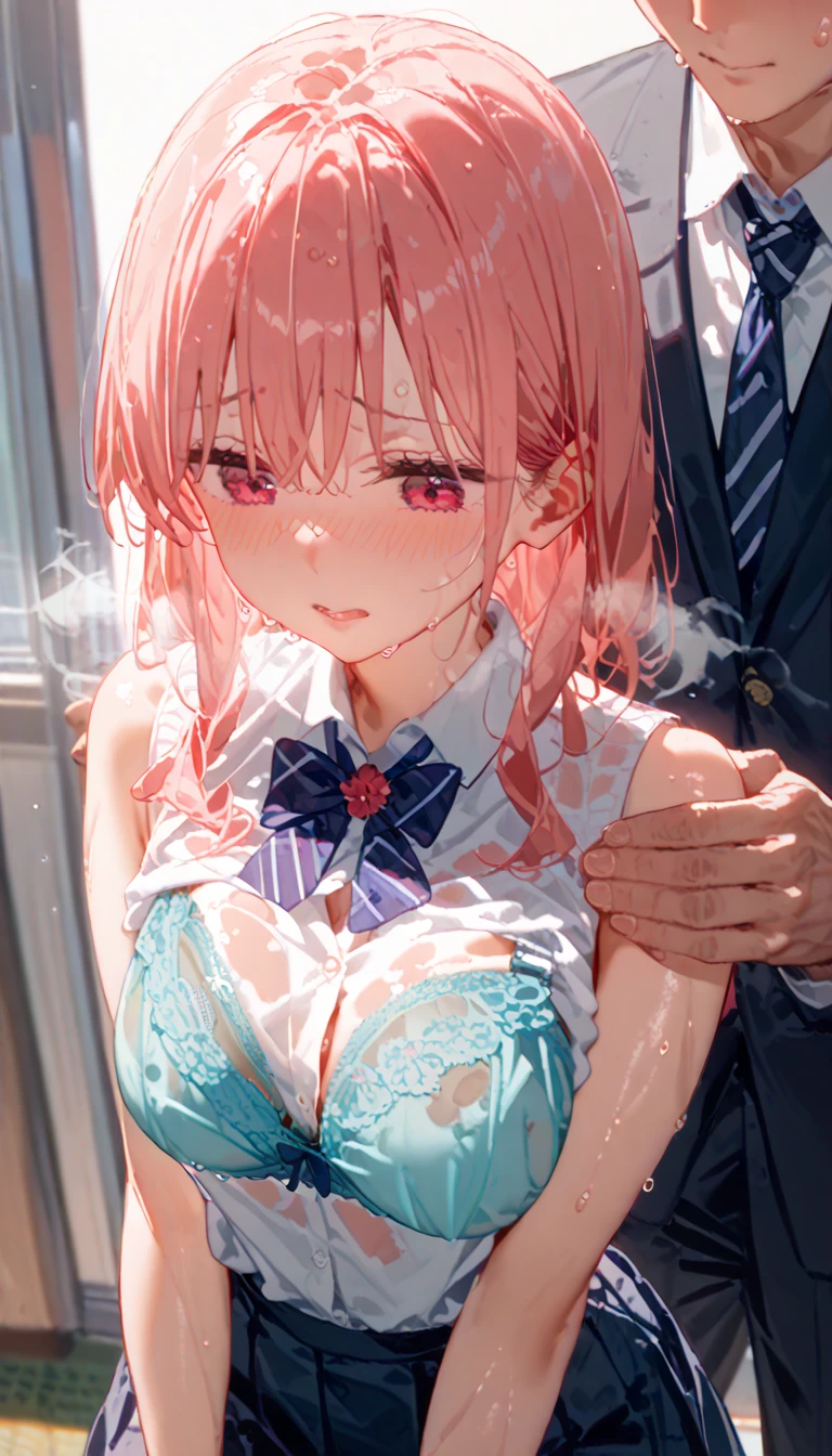 (girl,Fat middle-aged man:1.2)、Pink dress、blush、French kiss、(hug)、(Big Breasts)、Very detailed、High resolution、4K、masterpiece、High resolution、(tears:2)、(rape)、Straddle a man、toilet、(Sex:1.3)、(Grin)、Knee socks、(Breastfeeding)、(Oblique side view)、sit