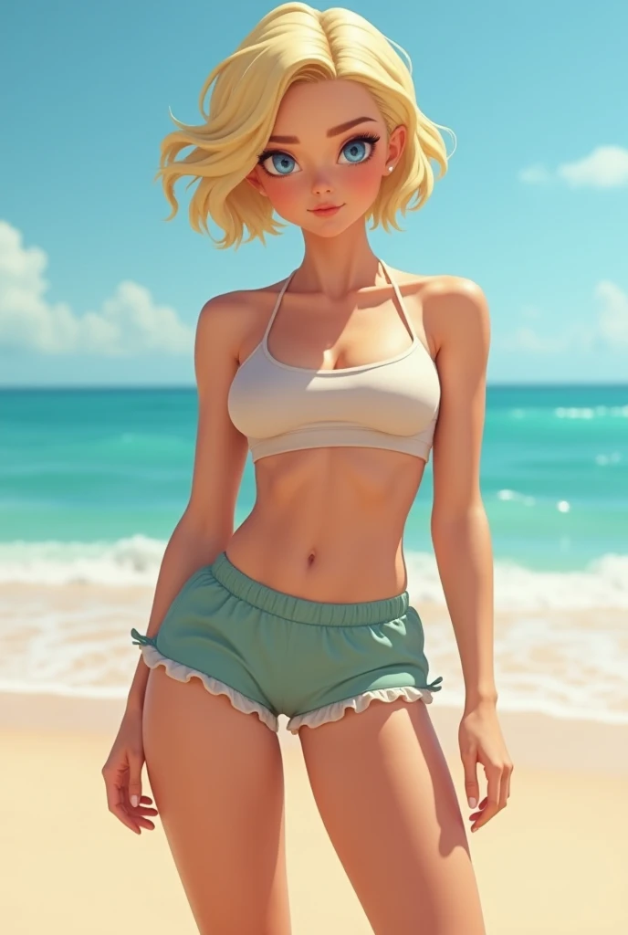 Realistisches Foto, fotorealistisch, Emma Watson als Strandschönheit, mit kurzen platinblonden Haaren, Bikini unter kurzem T-Shirt, nerdiger Bikini, vor einer mobilen Toilette am Strand stehen, Need to pee urgently, Knocking on closed toilet door, keeps her pace, pees her panta, wetting herself, fully peeing her pants, pee running down her legs, pee pouring out her pants, visibly wetness