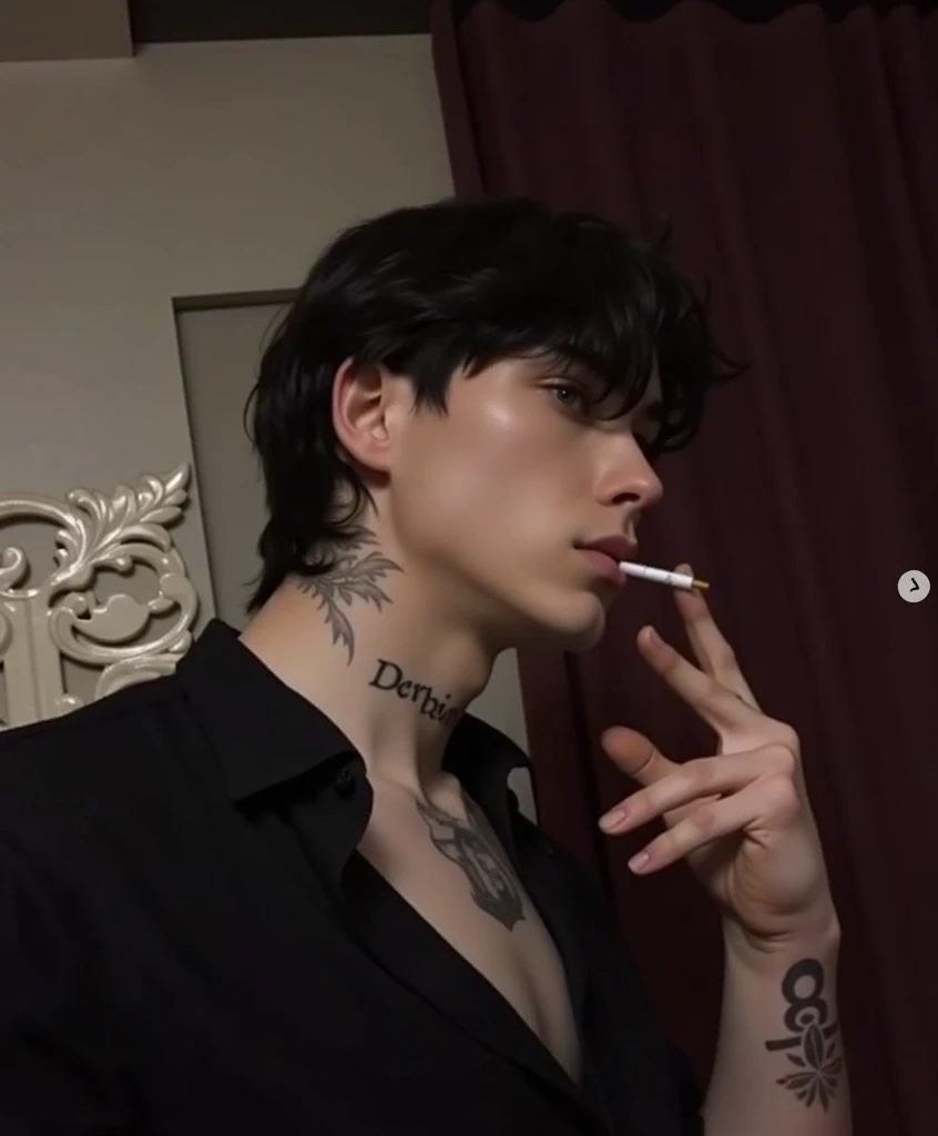 arafed man with a cigarette in his mouth in a room, bladee from drain gang, declan mckenna, lil peep, inspired by Syd Barrett, cigarette in his mouth, 18 years old, profile image, taken in the mid 2000s, he is smoking a cigarette, taken in the early 2020s, very very low quality picture, Jungkook of BTS, BTS, JUNGKOOK