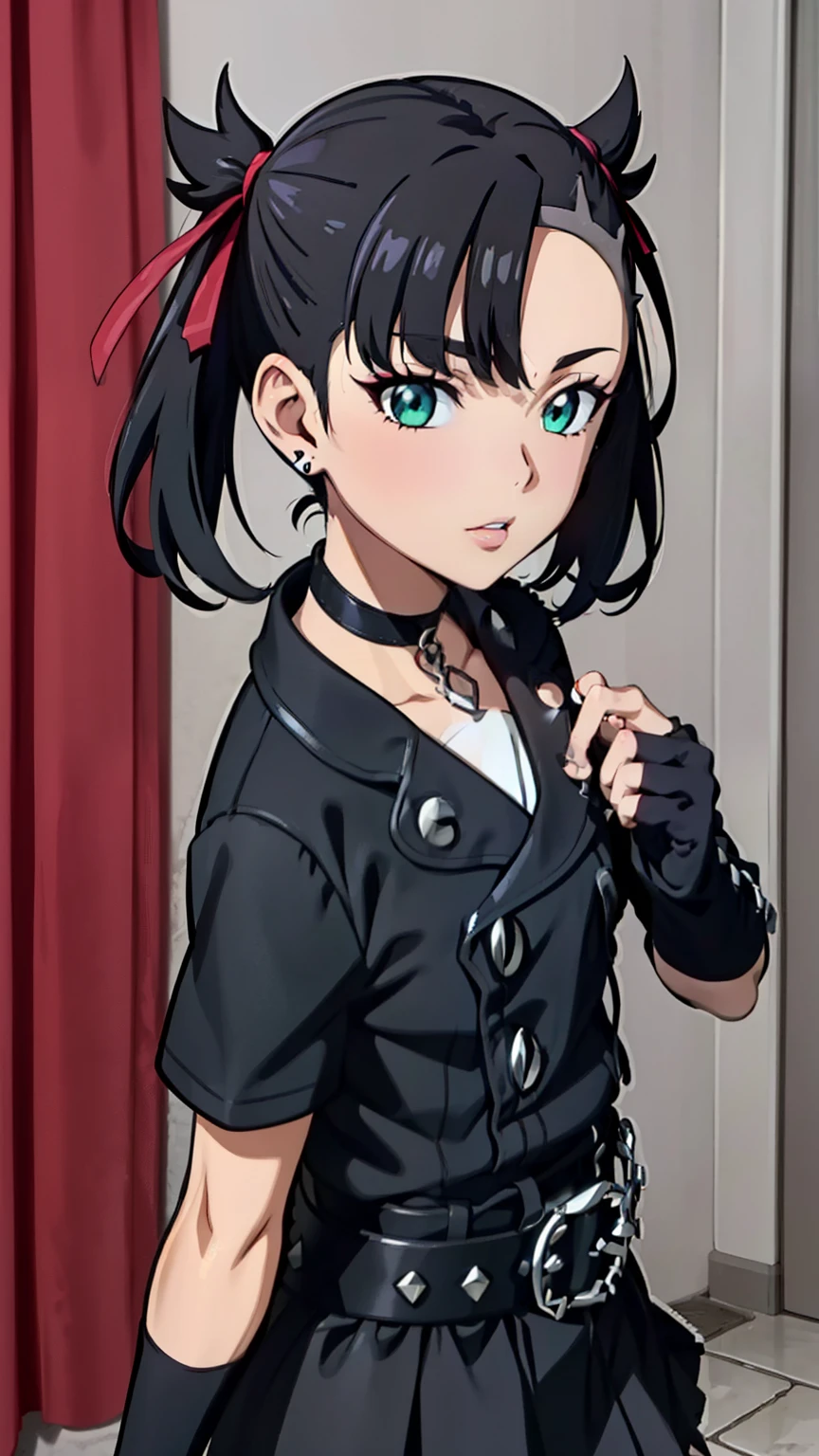 Marnie Pokemon, Marnie \(Pokemon\), blue-green eyes, green eyes, black hair, medium hair, asymmetrical bangs, black choker, red hair ribbon, earrings, black nail polish, (small breasted), (masterpiece, highest quality, highly detailed, 8k:1.2), (anime coloring:1.2), Perfect eyes, detailed eyes,
Ecchi anime style, anime girl, Ecchi style, digital anime art, anime style, official artwork, visual novel CG, beautiful anime girl, anime style 4K, (street rock fashion, (black clothes:1.3), ripped skirt, fingerless gloves, fedora, belt, natural lips, earrings, heavy makeup, street corner), looking at the viewer, dutch angle,