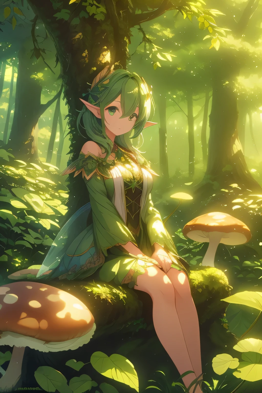 a female fairy on a leaf, sitting on a  green leaf, natural lighting, magical forest scene, huge mushrooms background, high resolution, 8K, photorealistic, cinematic lighting, intricate details, dark fantasy world, 